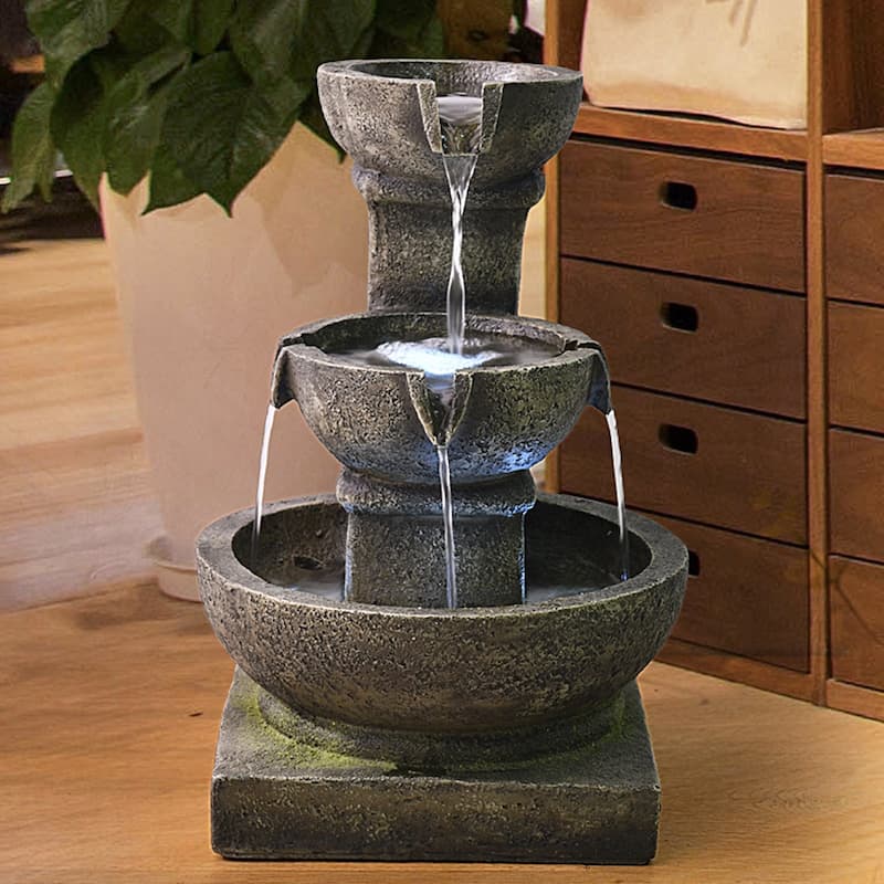 Outdoor Waterfall 3-tier Fountain with LED Light - Grey - Traditional - Polyresin - Floor/Lighted - Assembly Required