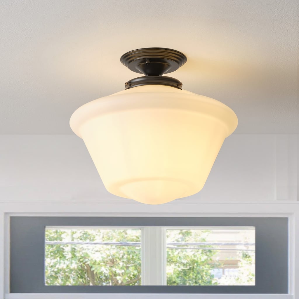 Modern Black 1-Light Semi Flush Mount Ceiling Light Fixture with Opal Glass Shade