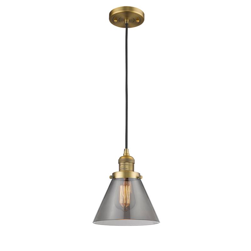 Innovations Lighting Franklin Restoration Cone - 1 Light 8" Cord Hung Mini Pendant - Brushed Brass/Light Smoke