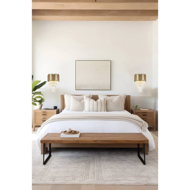 3-Light Brushed Gold Stainless Steel Wall Sconce With Clear Hanging Crystals