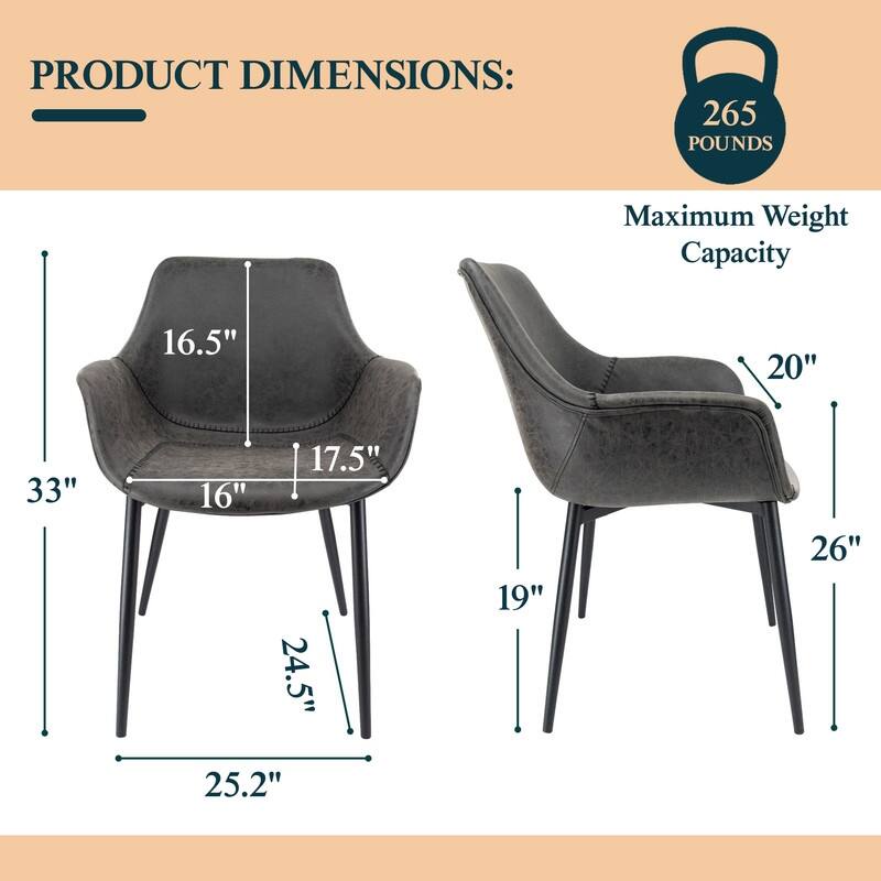 Markley Mid-Century Modern Upholstered Distressed Leather Dining Chair with Comfy Curved Seat & Strong Powder-Coated Metal Legs