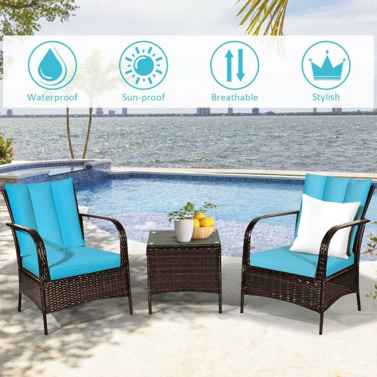 3 Pieces Patio Rattan Conversation Set with Glass Top Coffee Table and Cushions