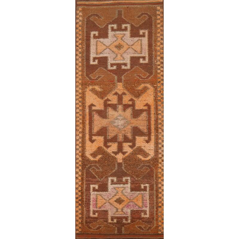 Brown Oushak Turkish Vintage Runner Rug Hand-Knotted Wool Carpet - 3'5"x 10'9"
