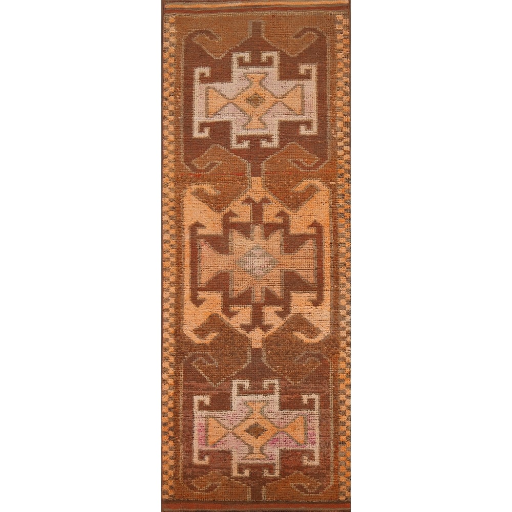 Brown Oushak Turkish Vintage Runner Rug Hand-Knotted Wool Carpet - 3'5"x 10'9"