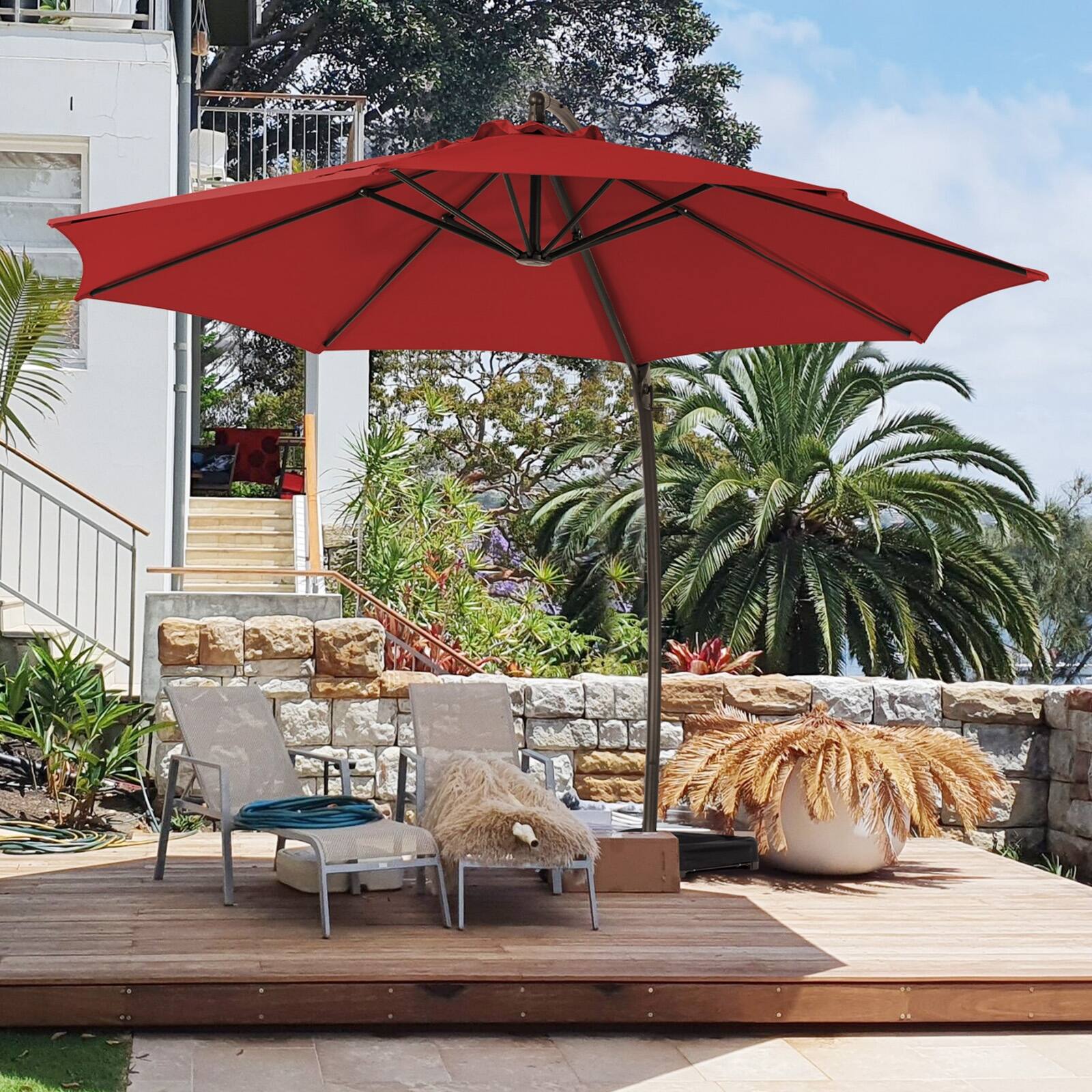 11 foot hanging patio umbrella 11x11 ft Square Aluminum Cantilever - Double Top triangular support 11 Ft. Aluminum Curvy Cantilever