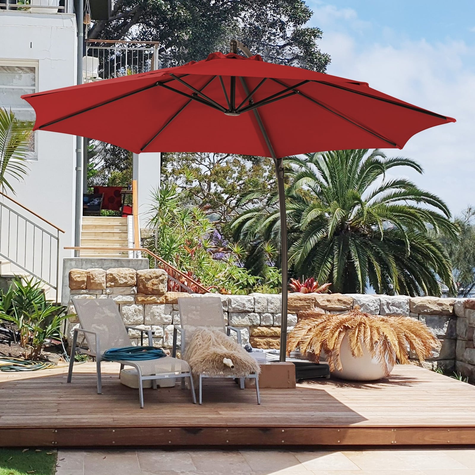 grand patio deluxe 11.5 ft curvy aluminum offset umbrella 11 Cantilever with Base Outdoor Large Round Hanging Umbrella for Garden Backyard (Black & White, 11 FT) : Patio, Lawn & Garden Features High Grand patio 11 FT Cantilever