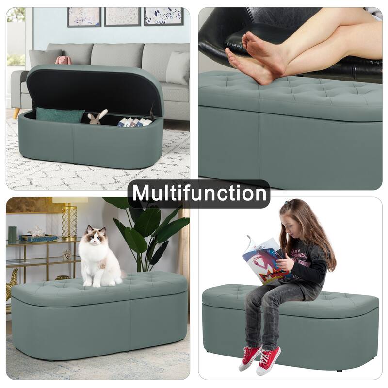 Adeco Button Tufted Storage Ottoman Faux Leather Bench