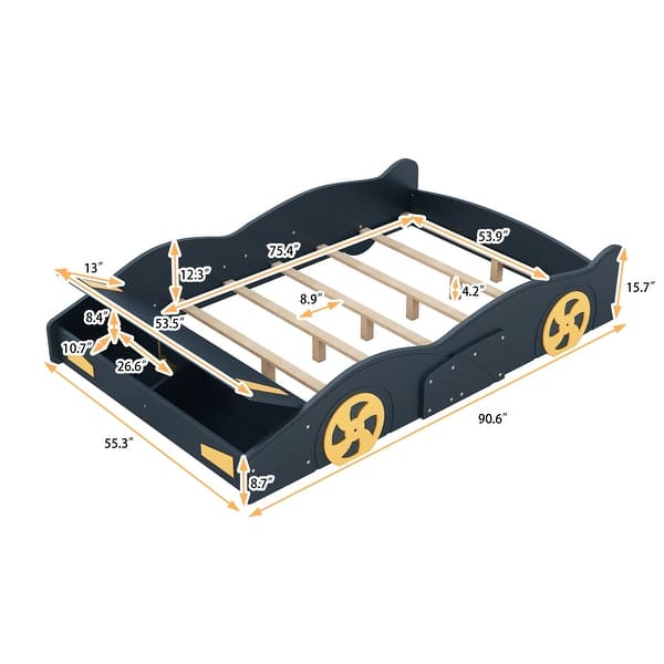 Full Size Race Car-Shaped Platform Kids Bed Frame with Wheels and Storage for Bedroom, No Box Spring Required, Dark Blue+Yellow