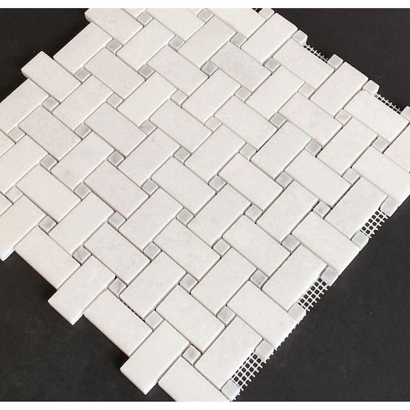 1 x 2 Thassos White Basketweave with Grey Dot Marble Mosaic Tiles - Case (10 Sheets)