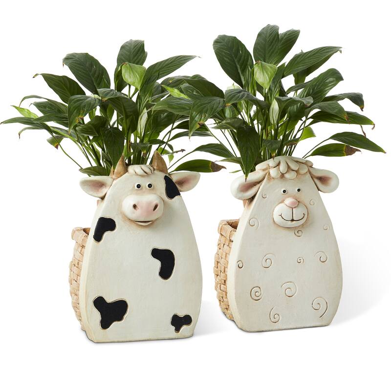 Glitzhome Set of 2 MGO Cute Sheep & Cow Statue Planter