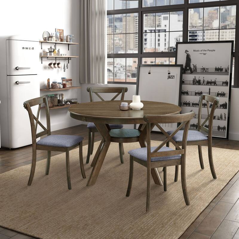 5 Pieces Set Mid-century Modern 47 in Round Rubber Wood Dining Table with Pedestal Base for 4-6 People