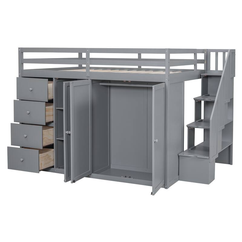 Merax Full Size Wood Loft Bed With Built-in Wardrobes, Cabinets and Drawers