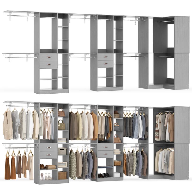 Rackcog 95'' - 188'' Closet System with Hanging Rods, Set of 3 Corner Closet Organizer with Drawers and Shelves