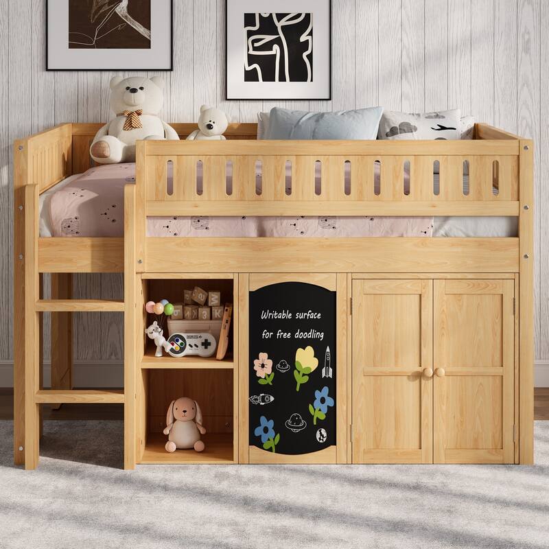 Roomfitters Full Size Loft Bed with Storage Cabinet, Open Shelves and Chalkboard Panel