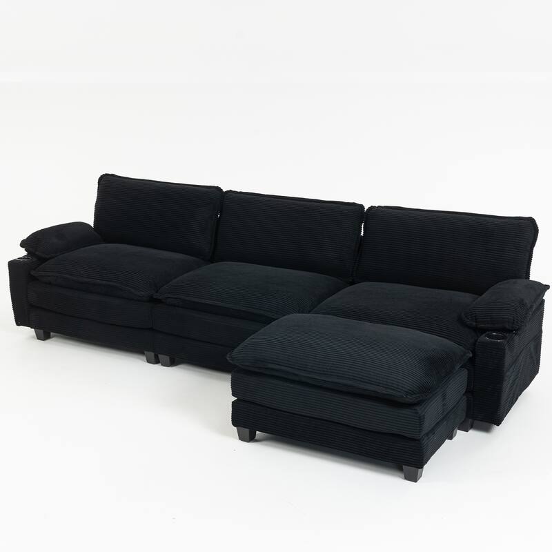 L-Shaped Modular Sectional Sofa with Ottoman, Oversized Corduroy Upholstered Cloud Couch with Cup Holders & Side Pockets