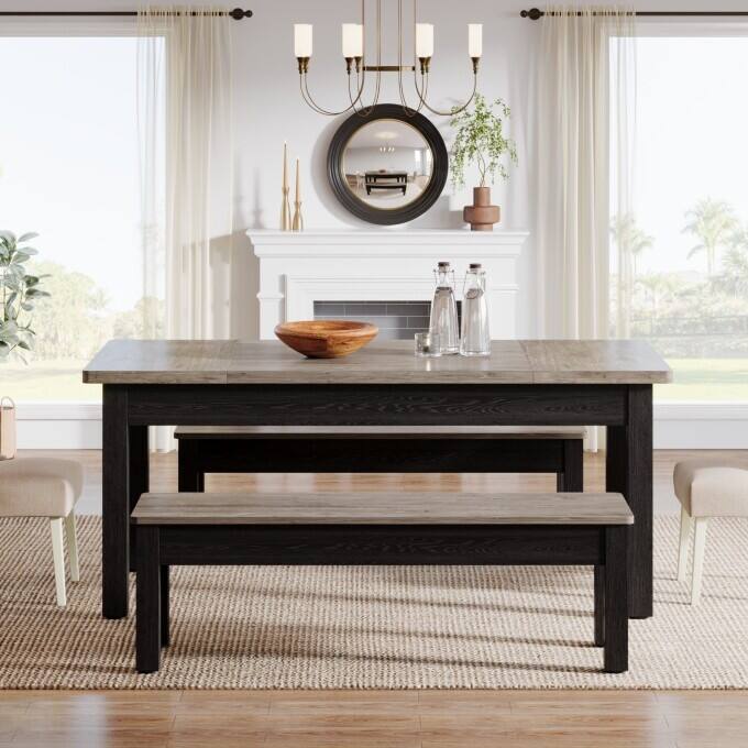 Farmhouse Dining Table Set for 4-6, Kitchen Table with 2 Benches