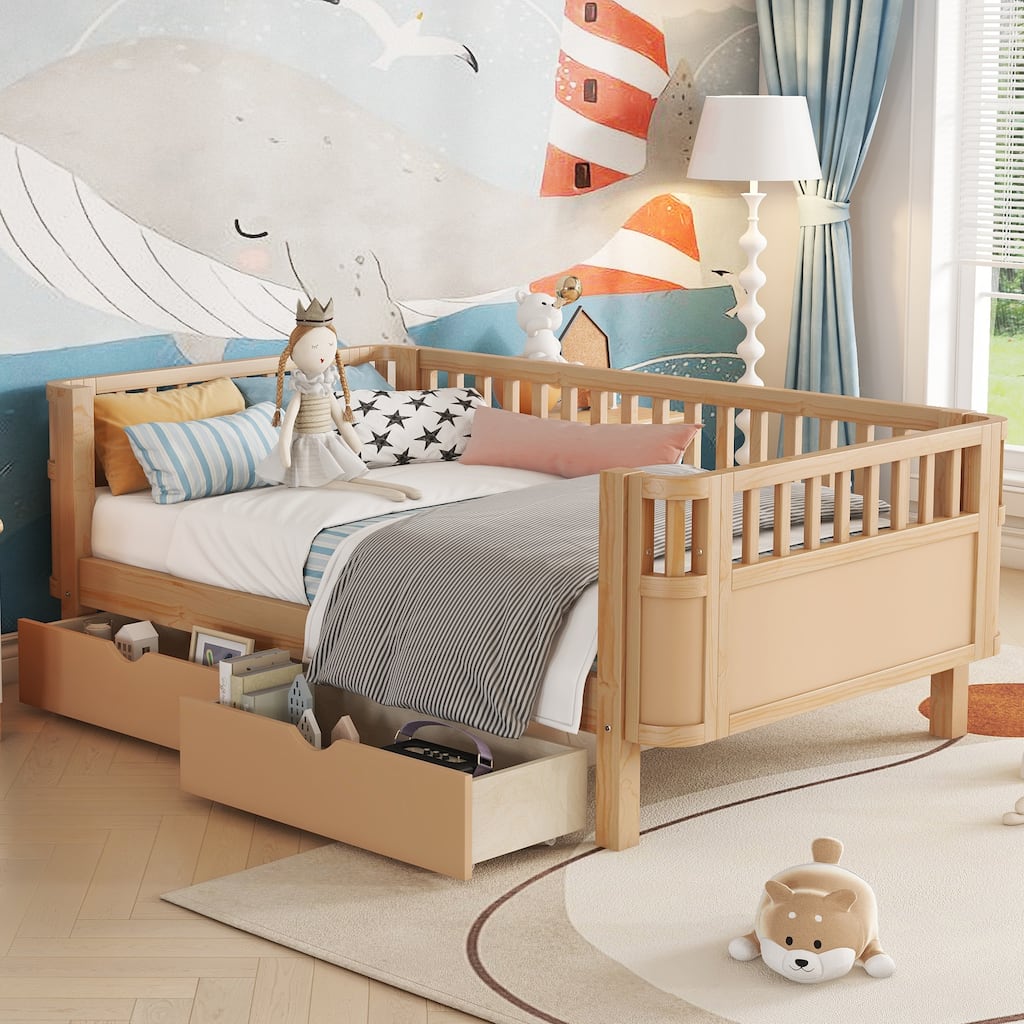 Twin Size Wood Platform Bed with Rails for Kids, Natural Finish, Ample Storage, Durable Design
