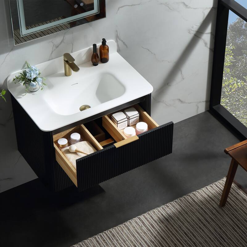 Modland Fluted Floating Vanity with Sink, Plywood Wall Mount Cabinet, Curved Edge, 24/30/36 Inch