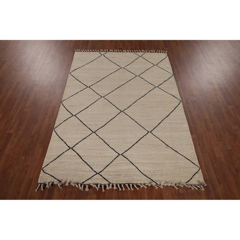 Trellis Moroccan Oriental Area Rug Hand-Knotted Beige Wool Carpet - 5'7"x 8'0"