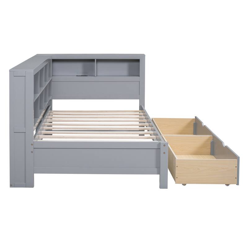 Wood Twin/Full Size DayBed with 2 Drawers, Storage Shelf and USB Charging Ports