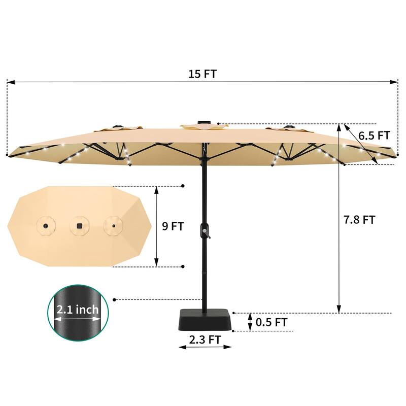 Coromose 15FT Large Patio Umbrella, with Solar Lights, for Deck Poolside Backyard