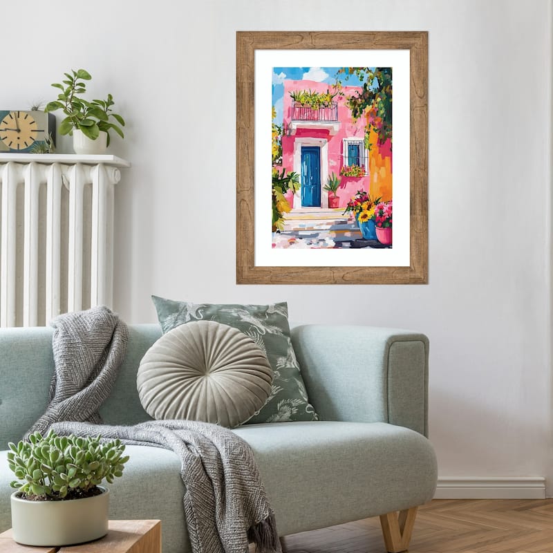 Colorful Mediterranean House Pink Flowers Blue Wood Framed Wall Art Print