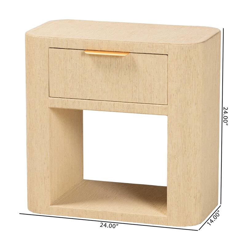 Beauford Grasscloth 1-Drawer Nightstand with Open Shelf - Woven Texture Bedside Table with Rounded Corners and Gold Handle