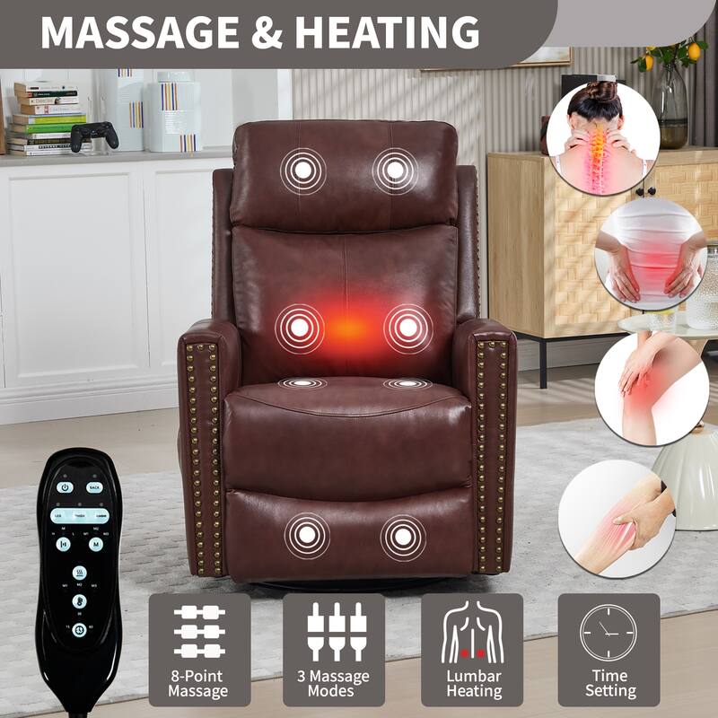 One Piece Genuine Leather Recliner Chair with Massage Heat Rocker and Swivel