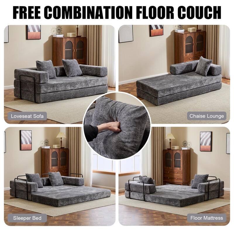 Chenille Floor Sleeper Sofa Bed Foldable Loveseat Couch Futon Sofa with Removable L-shaped Armrest and Movable Iron Frame