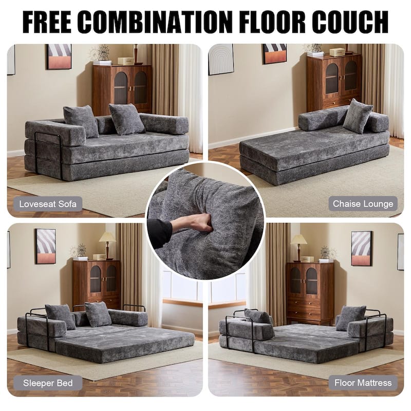 Convertible Flannel Fabric Futon Sofa Sleeper Couch Bed with Sponge Padding for Living Room - 76.77”L x 37.4”W x 23.62”H