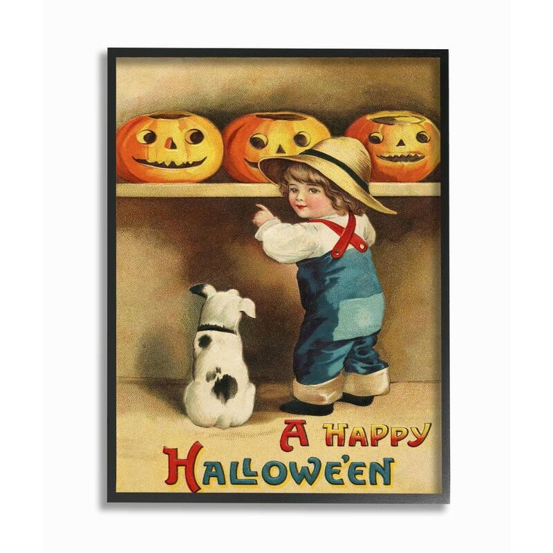 Stupell A Happy Halloween Child and Dog Seasonal Holiday Design Framed Wall Art - Black Framed-24 x 30
