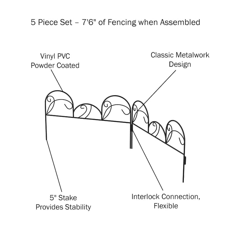 Metal Garden Fencing - Set of 5 Interlocking Panels for Flower Beds and Landscaping by Pure Garden (Black)