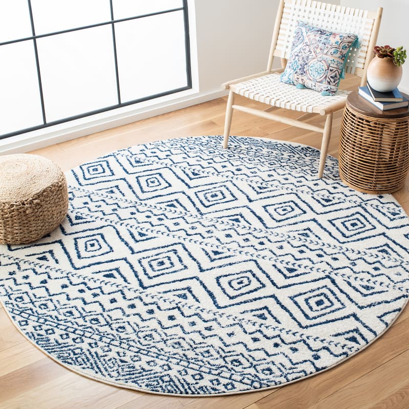SAFAVIEH Tulum Vassilia Moroccan Boho Distressed Rug - 5' Round - Ivory/Navy