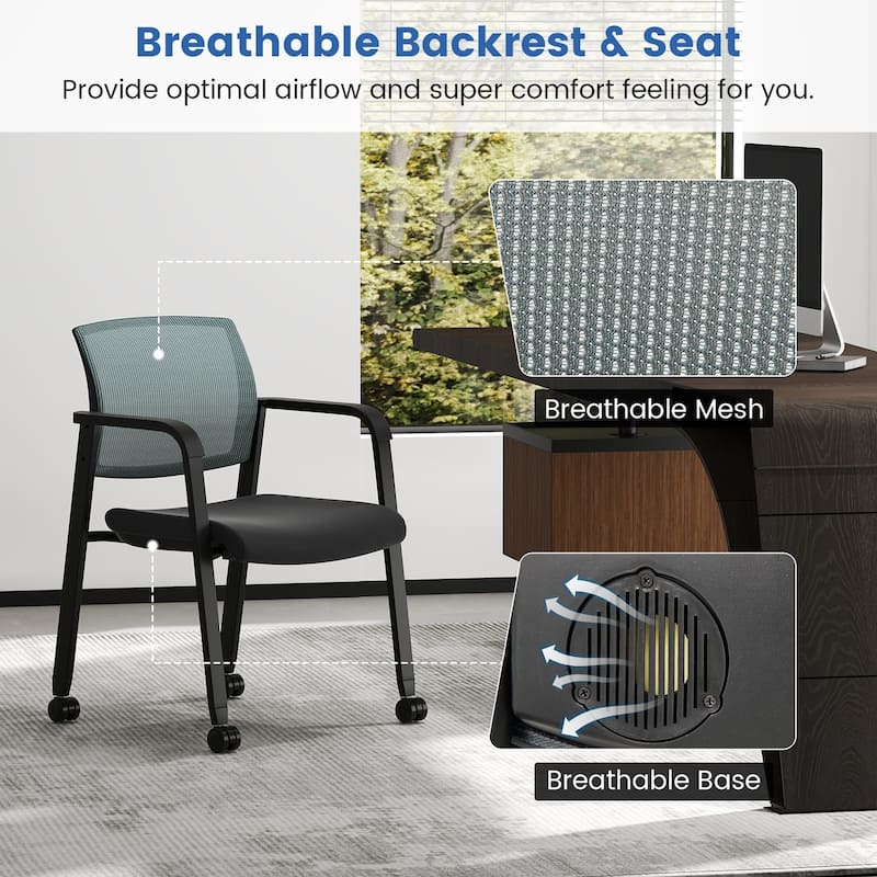 Grey Mesh Stackable Office Guest Chairs with Armrests and Rolling Casters - 23" L x 22.5" W x 32" H