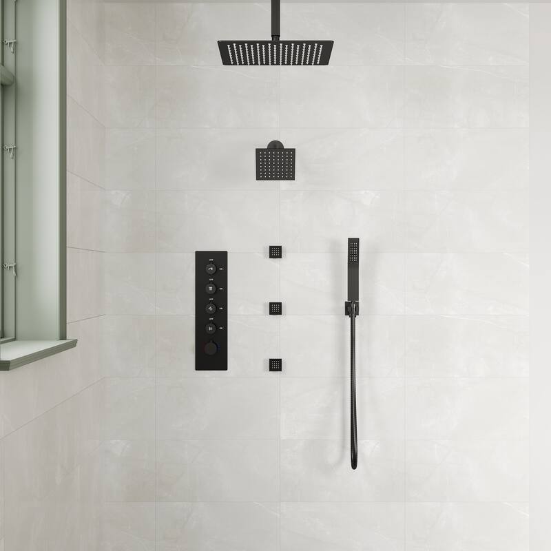 Dual Heads 16" Rainfall & High Pressure 6" Shower Head 3 Way Thermostatic Faucet System w/ 3 Body Jets