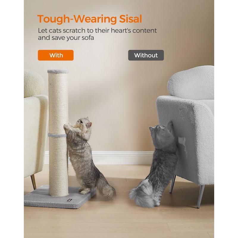 Dove Grey Sisal MDF Plush Cat Scratching Post with Sturdy Base Spring Pompom and Tall Design - 19.7”L x 15.8"W x 33.5"H