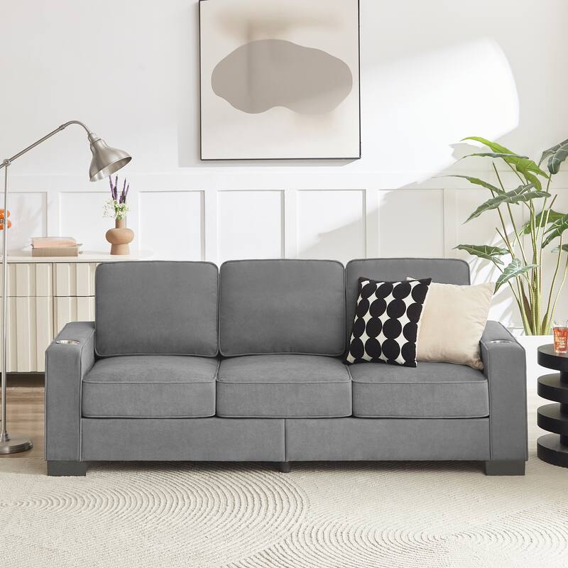 Snowfleece Upholstered Sofa Modern 3 Seater Straight Row Couch, Armrests with Built-in Dual Cup Holders and Removable Cushions - Grey