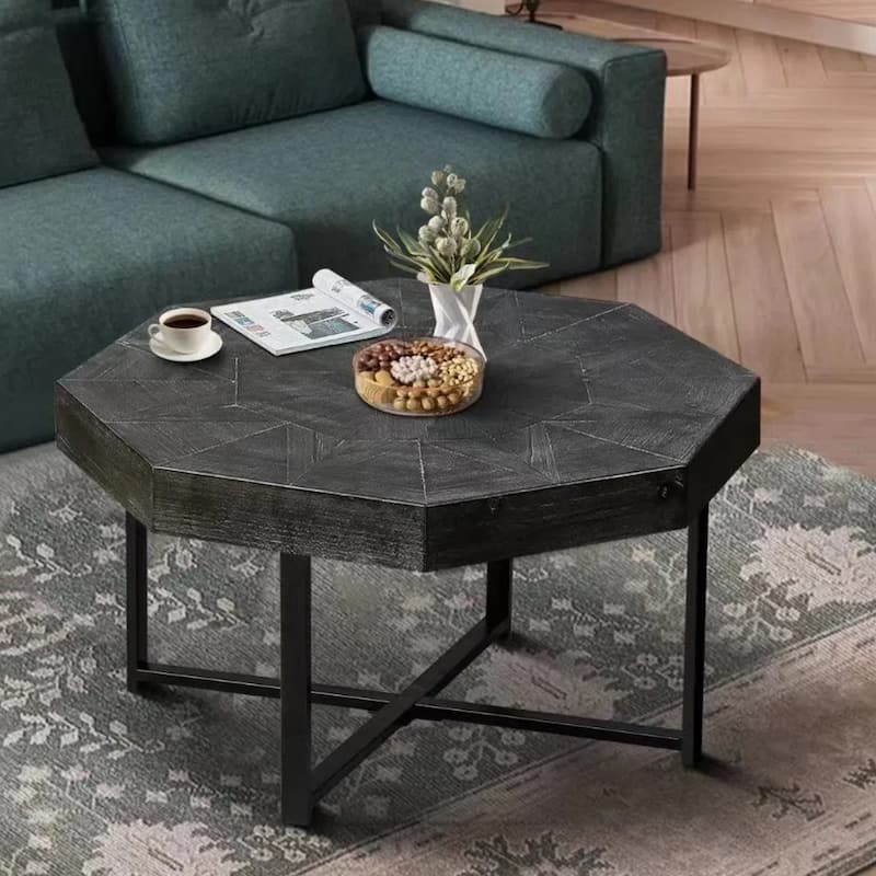 Vintage Center Table Octagonal Coffee Table Living Room End Table with Patchwork Solid Wood Tabletop and Crossed Metal Legs - Antique Black