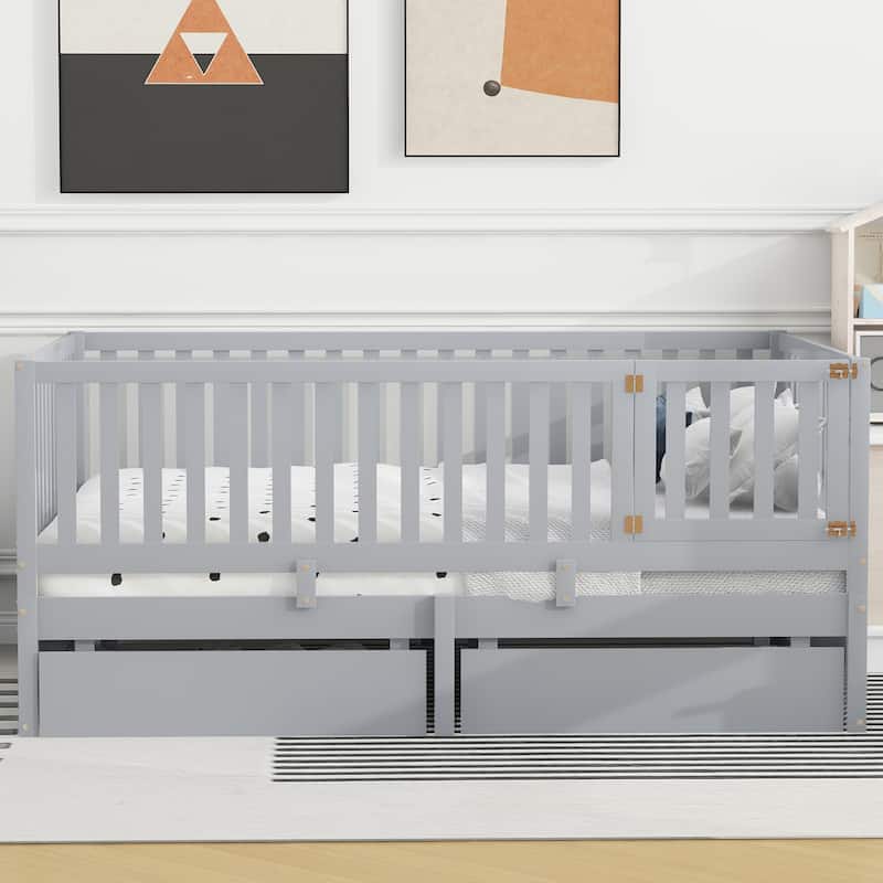 Full Size Wood Daybed with Fence Guardrails and 2 Drawers, Converts to Floor Bed or Daybed, Gray