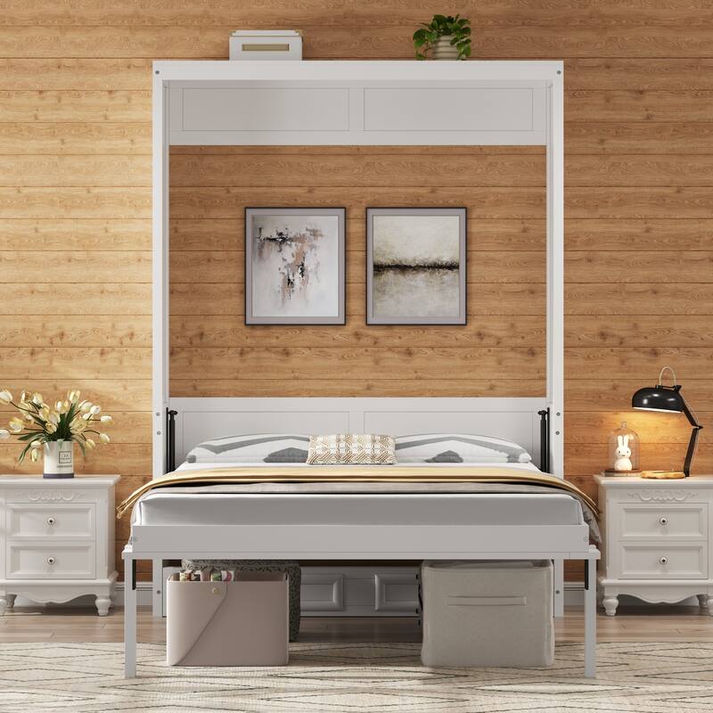 Full Size Foldable Platform Bed Frame with 2 Pull-out Drawers Beige Murphy Bed Convertible Wall Cabinet Space Saving Storage Bed