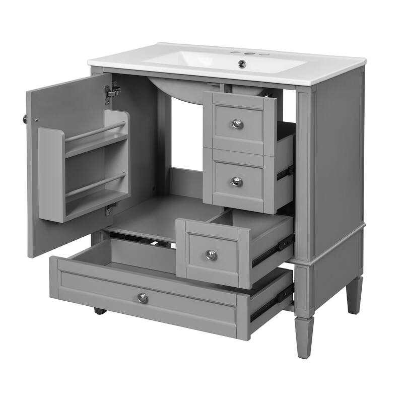 GDFStudio - Melshire Modern Freestanding Bathroom Vanity with Ceramic Sink and 3 Drawer Storage, Ideal for Home - 30'W