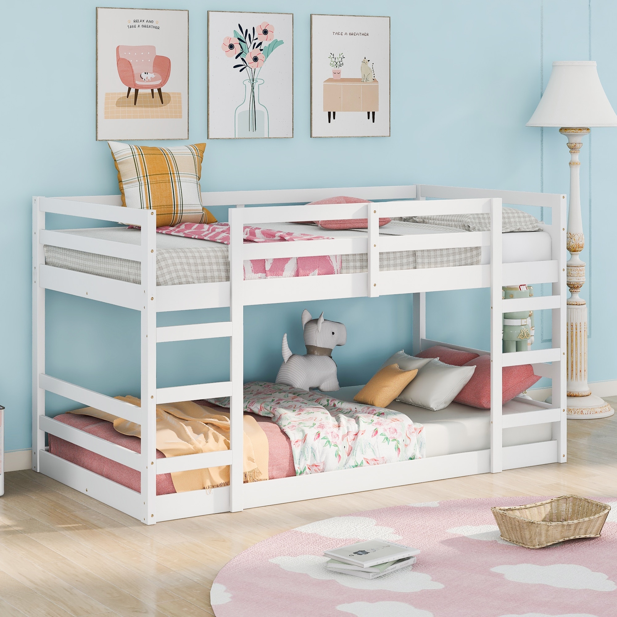 Stylish Twin Bunk Bed with Guardrail and Slat Kit - No Box Spring Needed