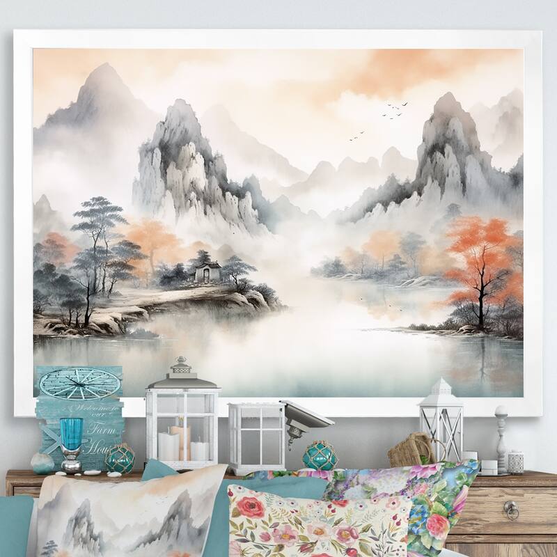 Designart "Grey Tranquil Chinese Landscape Serenity I" China Orange - Traditional Entryway Framed Wall Art Print - 20 in. wide x 12 in. high - White