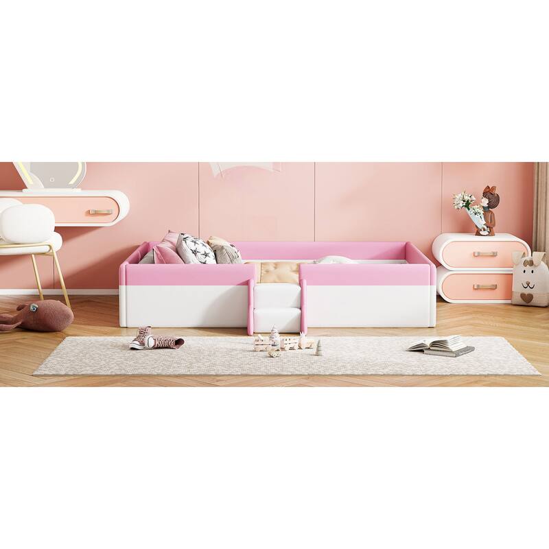 Roomfitters Twin/Full/Queen/King Size Upholstered Daybed Frame with Safety Fence and Stairs, PU Fabric Platform Bed with Slats