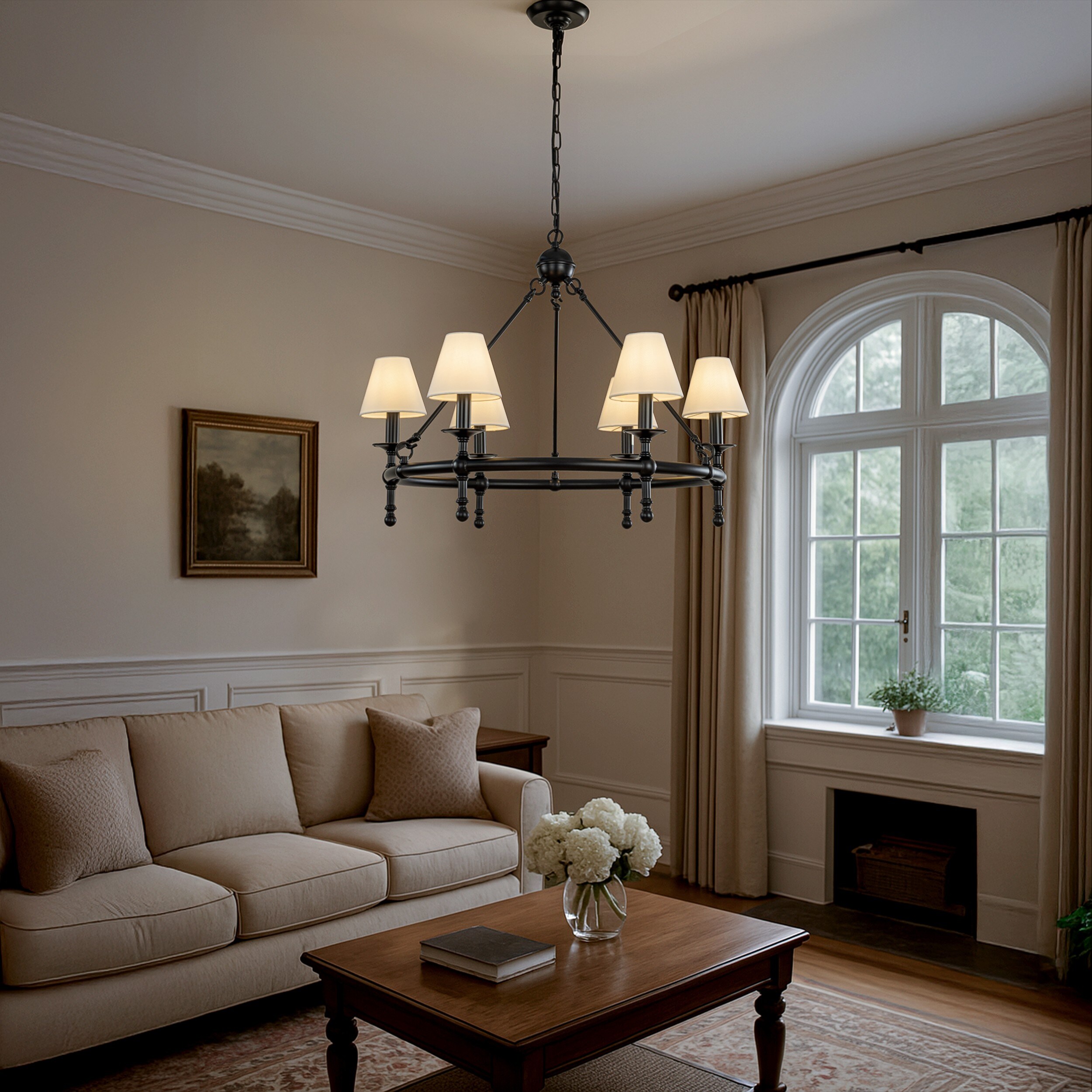 Vintage Brass Chandelier 6-Light Classic Pendant Fixture with White Shades for Elegant Interior Lighting - W33.5''