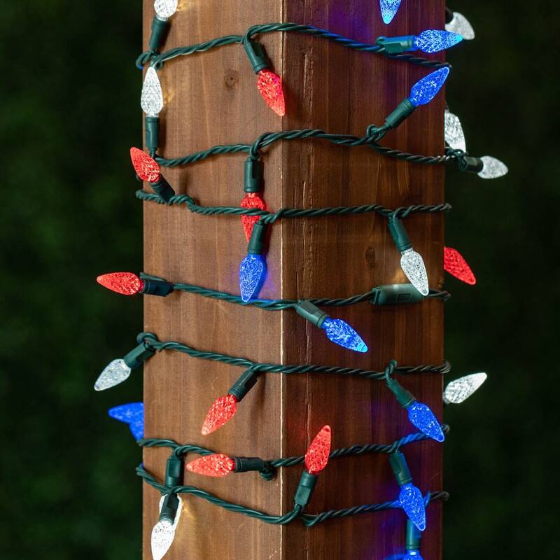 70 Light C6 LED Christmas Mini Light Set, Red/Pure White/Blue, Green Wire, 24' - Large