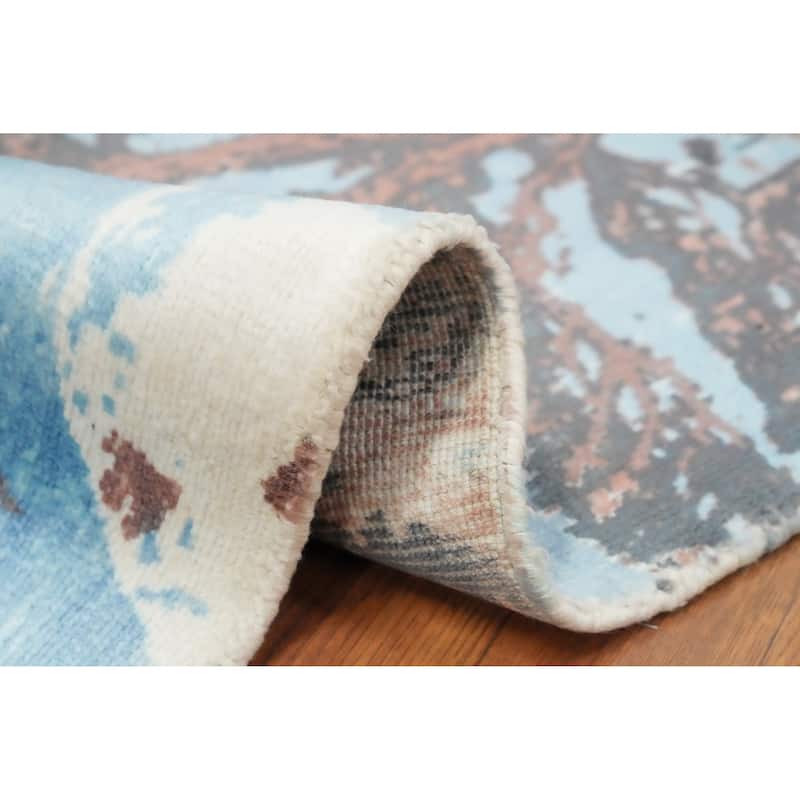 Hand Knotted Oriental Viscose Silk Carpet Modern Abstract Navy Blue & Blues Abstract Area Rug - 4' 0'' X 2' 0''