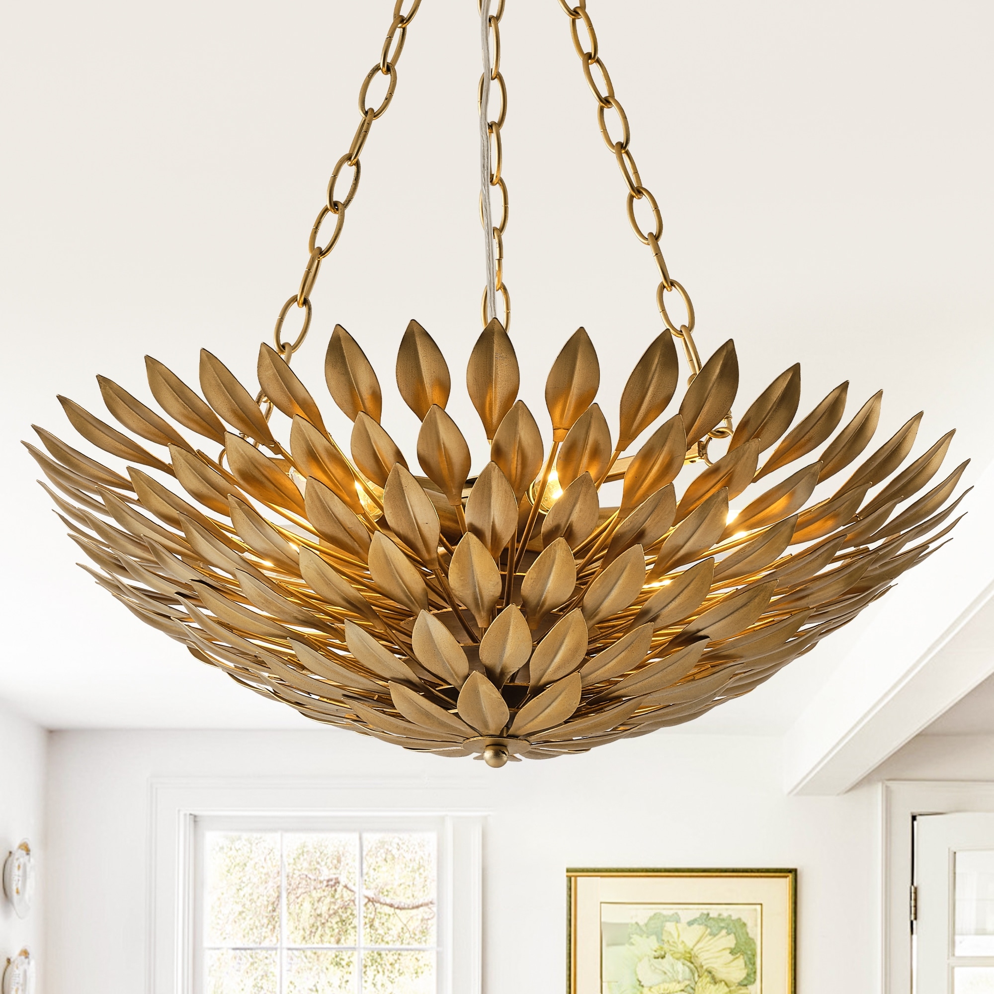Antique Gold 6-Light Olive Leaf Convertible Chandelier Light