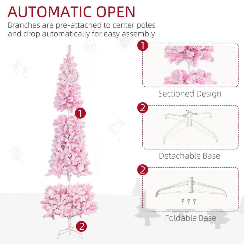 7.5-Foot Snow-Flocked Pink Pencil Christmas Tree, Unlit Artificial Holiday Tree