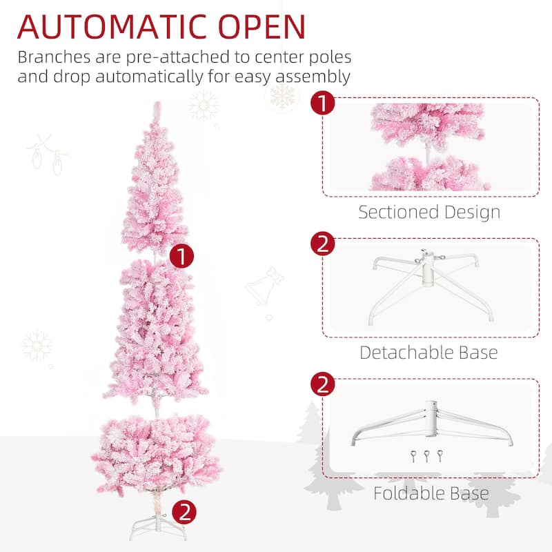 HOMCOM Unlit Snow Flocked Slim Pencil Tree - Pine Shape, Realistic Branches, Pink
